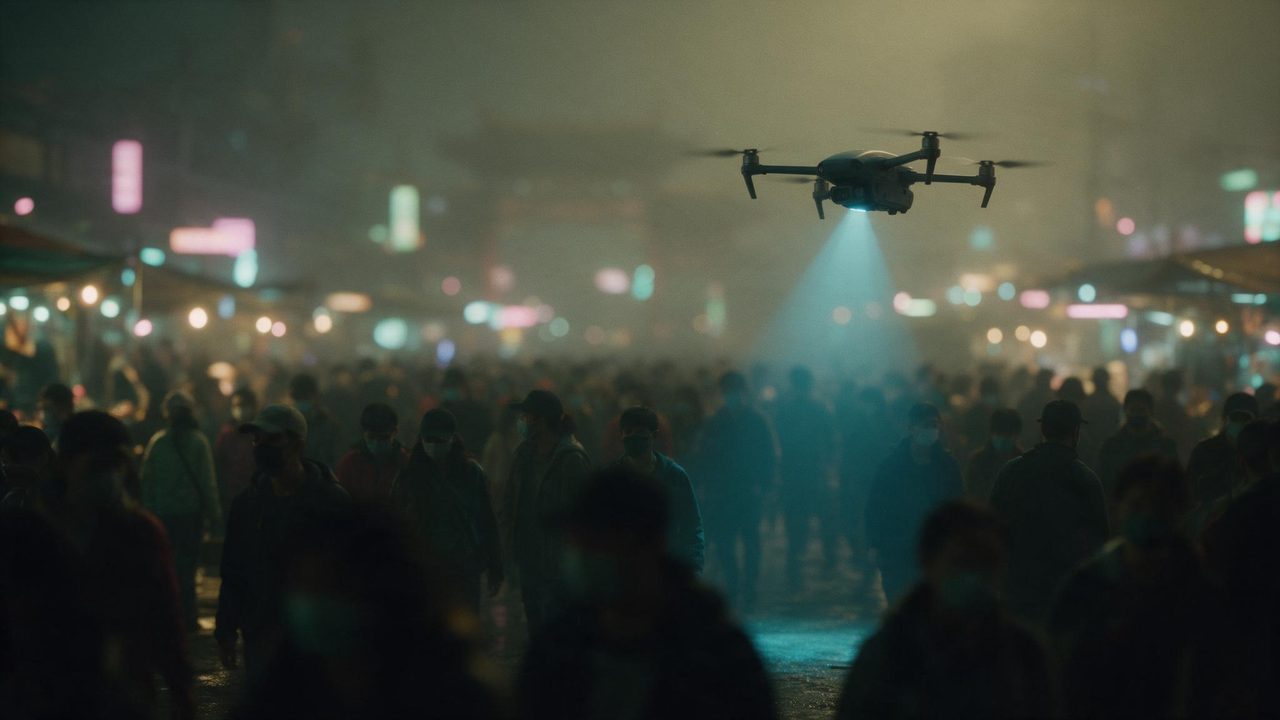 Drone over a masked crowd.