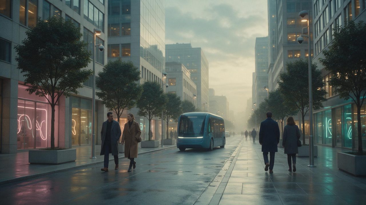 A clean mid-tier street with cameras on every lamppost.