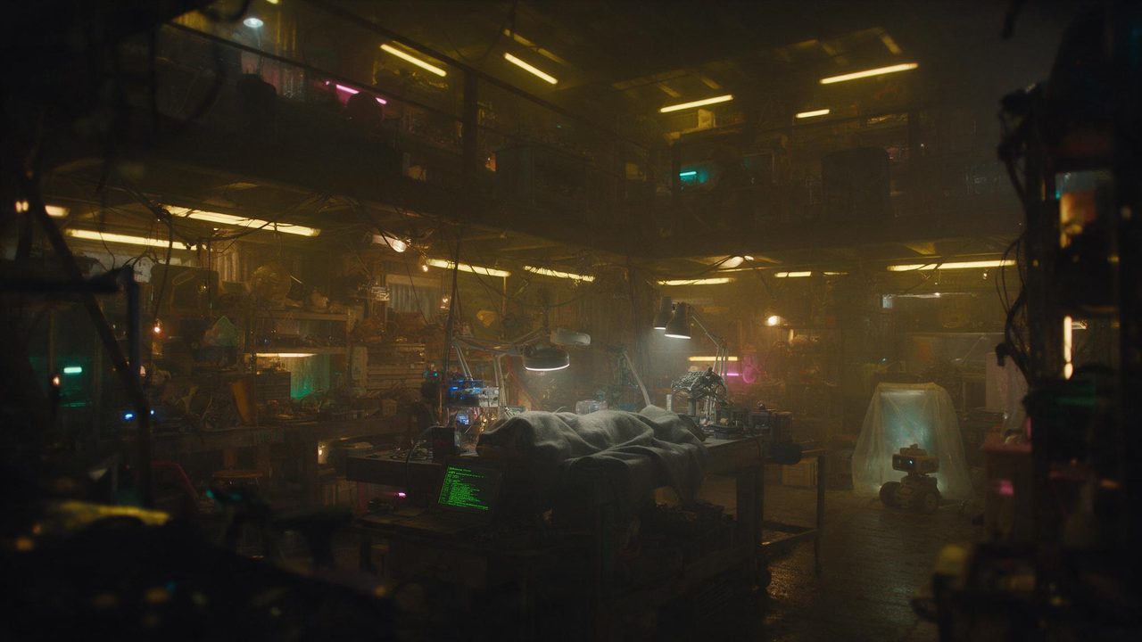 A cluttered basement workshop at 3 a.m., yellow LEDs in the rafters, a blanketed shape on the workbench, a laptop glowing green.